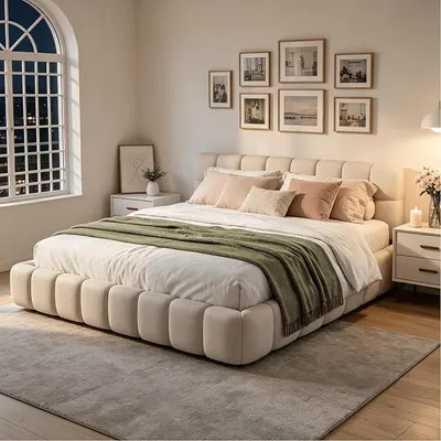 Productafbeelding van Boxspringbed 140x200 cm, "Bubble" bed, laag bed met zachte hoofdbord, jeugdbed, bedframe met lattenbodem, linnen, zonder matras (beige, 140 x 200 cm)