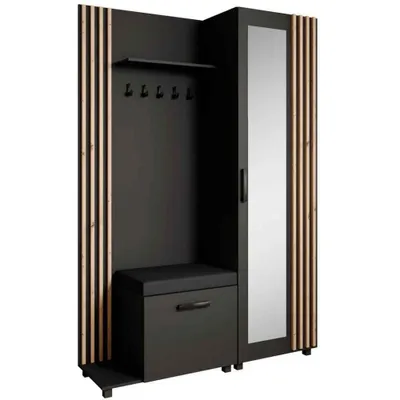 Produktbild von Garderoben-Set LIVIA Links Schwarz – Garderobenschrank mit Spiegel, Schuhschrank mit schwarzen Sitzkissen, Lamellen in Eiche Artisan, Hochschrank