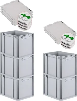 Produktbild von SuperSparSet 5x Eurobox NextGen Economy mit Scharnierdeckel und grünen Schiebeschnappverschlüssen | Griffe geschlossen | HxBxT 32x30x40cm | 30 Liter | Eurobehälter, Transportbox, Transportbehälter, Stapelbehälter