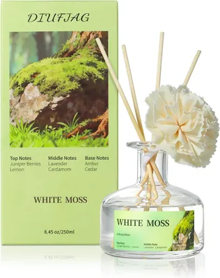 Immagine prodotto di Diffusore di fragranze con fiori essiccati, profumo di muschio bianco, 250 ml, 6 bastoncini di rattan, ideale per il bagno