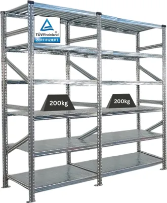 Produktbild von Fachbodenregal PROXIMO mit  Stecksystem | Komplettregal | HxBxT 210x180x60cm | 6 Ebenen | Beidseitig nutzbar | Verzinkt