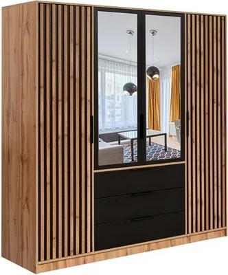 Obrázok produktu pre BETTSO Šatníková skriňa s ozdobnými lištami s 3 zásuvkami a tyčou na šaty BALL LUX D4 Black+Oak Wotan