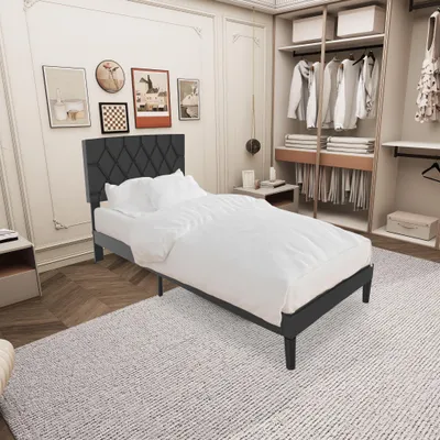 Produktbild von YZNAHRE Bettgestell 90x200 cm Gästebett Metallbett Bettrahmen mit Leder Kopfteil und Lattenrost Einzelbett Bettrahmen bis 300 kg für Schlafzimmer Gästezimmer, Schwarz