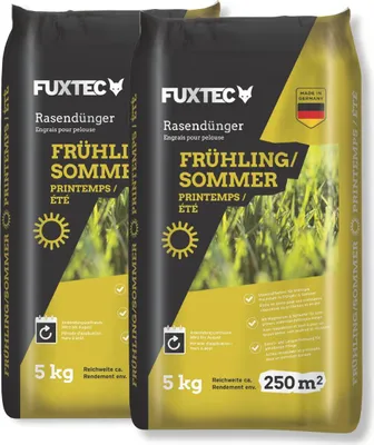 Produktbild von FUXTEC Rasendünger Frühling/Sommer FX-RDFS10 | stickstoffbetonter Rasendünger | 10 kg für ca. 500m² | Langzeitwirkung |  Germany