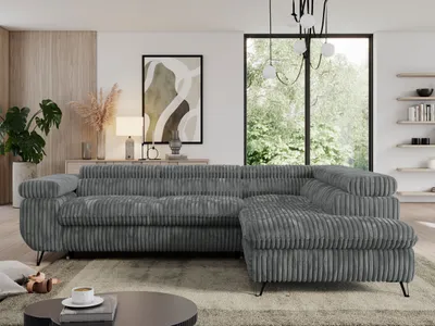 Produktbild von Sofa L-form, mit Bettkasten, Modern Wohnzimmer Ecksofa, Couchgarnitur, Schlaffunktion - PEDRO L - Cord - Dunkelgrau - Rechts