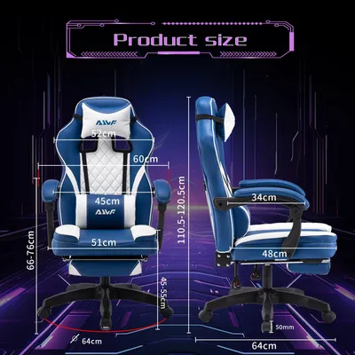 Obrázek produktu pro Herní židle - Kancelářská židle - Židle pro hráče - Počítačová židle - Černo-modrá barva - Ergonomická s bederní opěrkou