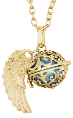 Produktbild von Morella Damen Halskette gold Edelstahl 70 cm mit goldenem Anhänger Engelsflügel und Klangkugel hellblau Ø 16 mm in Schmuckbeutel