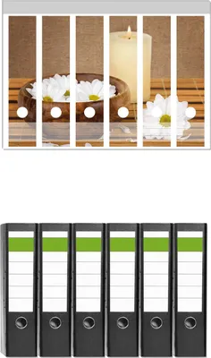 Produktbild von Wallario 6 Stück breite Ordner inkl. Klebeetiketten mit Motive Stillleben - Kerzen und Blumenblüten in Holzschale -  Set mit Rückenschildern / Ordnerrücken Stickern