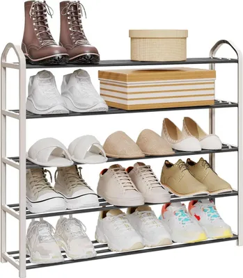 A shoe rack displaying various types of footwear.
