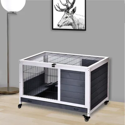 Imagen del producto de Jaula para conejos - Corral para conejos - Jaula para roedores - Jaula para animales - Jaula de madera - Dos niveles - Con ruedas y freno