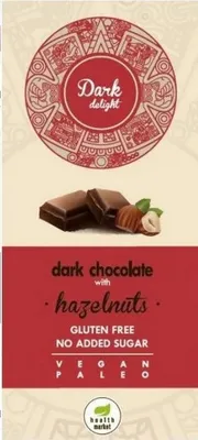 Produktbild von Dark Delight Tafel Edelbitter Schokolade mit ganzen Haselnüssen 80g / ohne Zuckerzusatz / vegan / glutenfrei / paleo