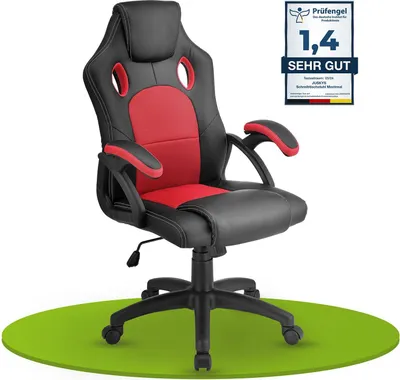 Produktbild von Juskys Racing Schreibtischstuhl Montreal (rot) - Gaming Stuhl ergonomisch, höhenverstellbar & gepolstert, bis 120 kg - Bürostuhl Drehstuhl