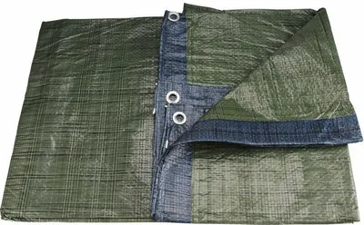 A folded green and blue tarp laid out on a white background.