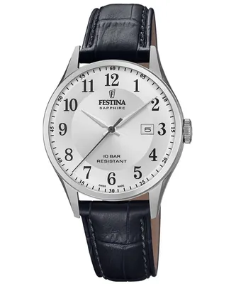 A close-up studio shot of a Festina watch with a silver dial and black leather strap.