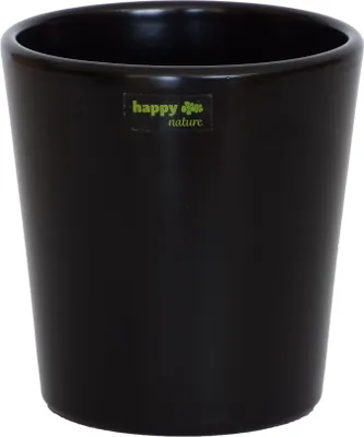 A black ceramic plant pot with a label.