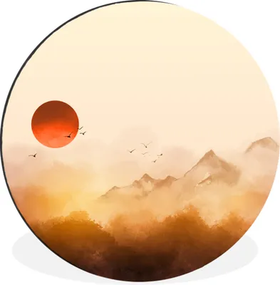 Produktbild von MuchoWow® Aluminium Wandkreis Malerei - Sonne - Landschaft - Vögel Ø 60 cm Wanddeko Modern Wohnzimmer - Wand Kreis - Wandbild - Schlafzimmer - Aluminium Bild - Kinderzimmer - Wohnzimmer Dekoration - Wandschmuck