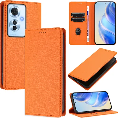 Produktbild von Litchi Leder Handyhülle für Oppo Reno11 F Wallet Kartenfächer Standfunktion Hülle Orange