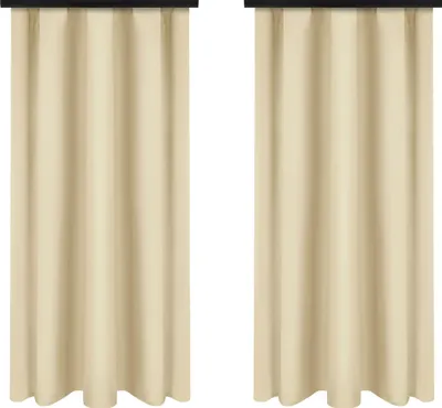 Two ecru curtains hanging side-by-side against a white background.