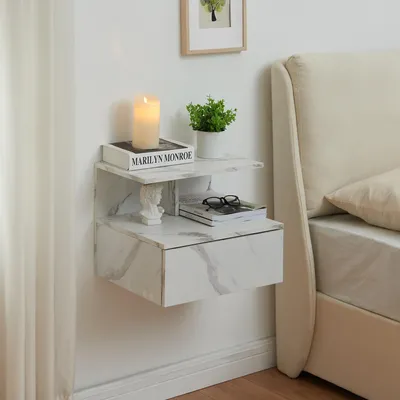 Image de Étagère murale 'Amberg' table de nuit suspendue 40 x 35 x 31 cm avec tiroir et 2 étagères aspect marbre, blanc