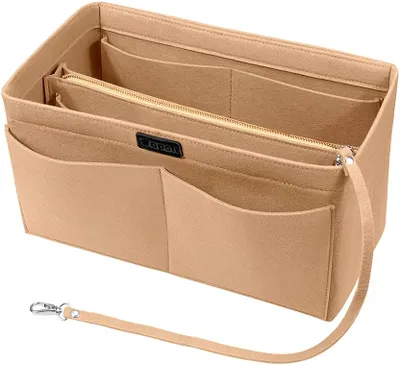 Produktbild von Handtaschen Organizer, Filz Taschenorganizer Bag in Bag Innentaschen Handtaschenordner mit Abnehmbare Reißverschluss-Tasche und Schlüsselkette, Beige - M