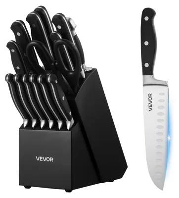 Image de Ensemble de couteaux de cuisine VEVOR avec bloc à couteaux (en bois) et fusil à aiguiser, ensemble de 15 couteaux tranchants en acier inoxydable à haute teneur en carbone, couverts de cuisine avec manche incassable, pour les cuisiniers amateurs