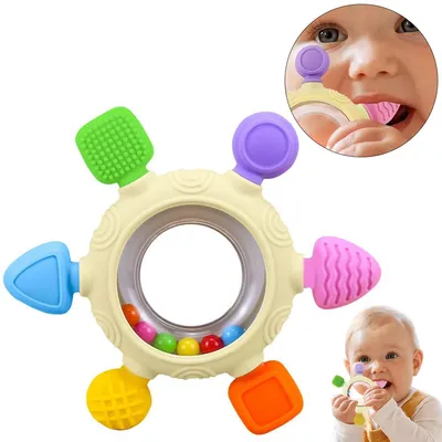 Produktbild von 2 Stück Beißring Baby, BPA-frei Zahnungshilfe aus Silikon, Beissring Babys, Rassel Ruder Greifling Beißspielzeug, Babyspielzeug