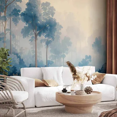 Produktbild von Vlies Fototapete - Landscape with Trees in Illustrative Style Fairy-Tale Blue Forest 350x245 cm Muster c-H-10024-a-a