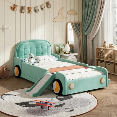 Zdjęcie produktu dla Łóżko tapicerowane Merax, model "Autobus", 90x200 cm, z zjeżdżalnią, łóżko dziecięce, łóżko zabaw z możliwością montażu schodów po lewej lub prawej stronie, z barierami ochronnymi i tapicerowanymi krawędziami, kolor: niebiesko-zielony