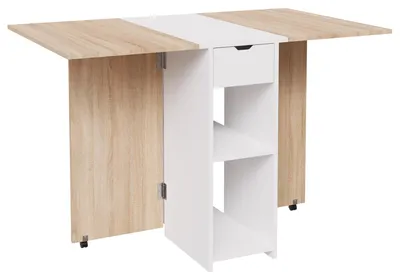 Image de CASABEL – Table à Manger Pliable pour Petits Espaces avec 1 tiroir - Rangement Central Blanc et Plateau Bois Clair 2-4 Personnes