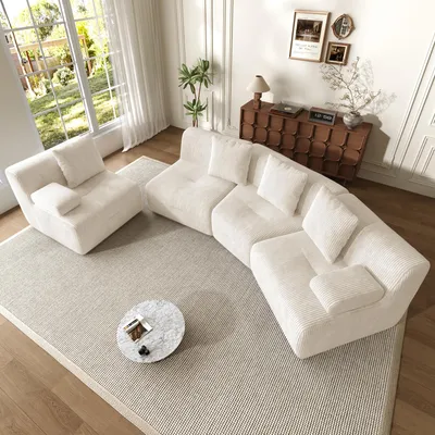 Zdjęcie produktu dla Modułowa sofa z cordu dla 4 osób, wymiary 311x90x65 cm, nowoczesna sofa modułowa obita tkaniną cord, możliwość dowolnego łączenia elementów, nie wymaga montażu, idealna do salonu