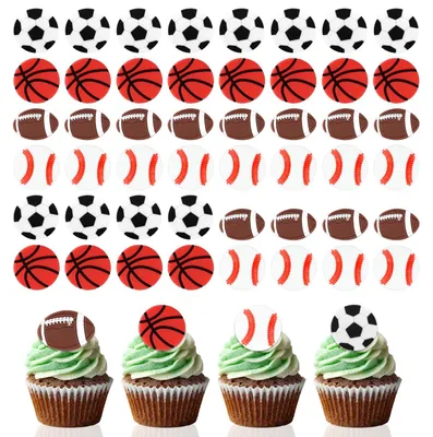 48 Sport-Cupcake-Topper, Basketball, Softball, Rugby, Fußball, PVC, bunt