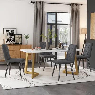 Produktbild von Flieks Sitzgruppe Essgruppe 5-tlg, Esstisch mit 4 Stühlen, Küchentischset Polsterstühle mit Leinenbezug, Rechteckig Esstisch mit Golden Metallbeinen, Grau