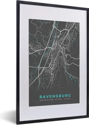 Produktbild von MuchoWow® Gerahmtes Poster Karte - Ravensburg - Blau - Stadtplan - Deutschland 40x60 cm - Poster mit Schwarzem Bilderrahmen Wandposter Rahmen Foto Bilder - Poster in Rahmen
