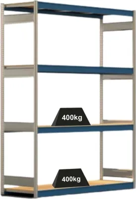 Produktbild von Weitspannregal ELCH Stecksystem T-Profil | Grundregal | HxBxT 300x201x60cm | 4 Ebenen | Spanplatten-Fachboden | Fachlast 400kg | Enzianblau