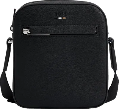 A black BOSS messenger bag is shown against a white background.