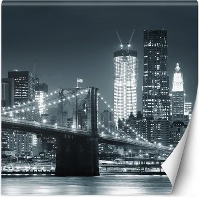 Obrázok produktu pre Vliesová fototapeta Brooklynský most v noci New York čiernobiely 200x200 cm Feeby Sivá lepidlo je súčasťou dodávky jednoduchá inštalácia