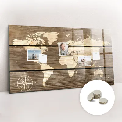 Obrázek produktu pro Magnetická Tabule na Zeď Skleněná - Memo Board Kleněnou Přední Stranou - 5 magnetů v balení - 120x60 cm - Mapa světa z prken