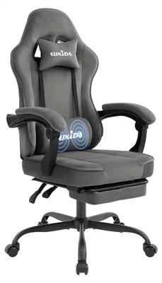 Zdjęcie produktu dla Fotel gamingowy – ergonomiczny fotel komputerowy – regulowany – z podnóżkiem – szara tkanina