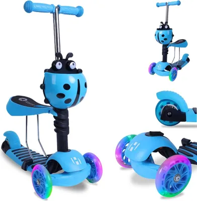 Produktbild von Habib 3-in-1 Kinderroller für Jungen & Mädchen – Abnehmbarer Sitz, LED-Räder, höhenverstellbarer Lenker. Ideal für 2-8 Jahre. Blau