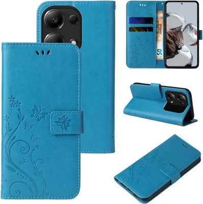 Collage of images showing a blue floral and butterfly patterned flip phone case for a Xiaomi Redmi Note 13 Pro.