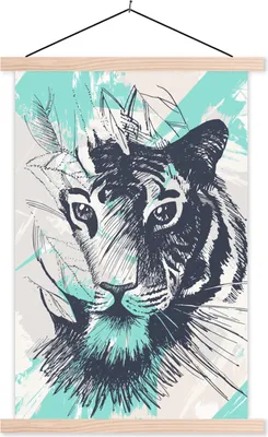 Produktbild von MuchoWow® Textilposter Tiger - Abstrakt - Weiß 60x90 cm mit holzfarbenen Rahmen - Textil