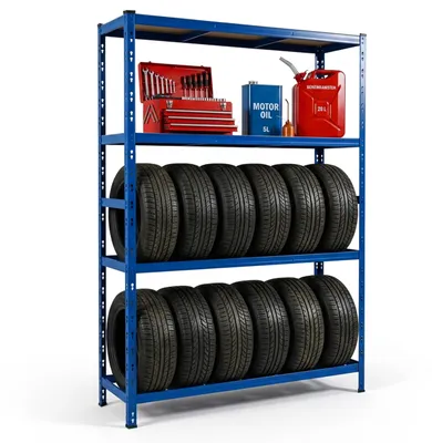 Zdjęcie produktu dla Relaxdays – regał na opony na 12 sztuk, wys. x szer. x gł. 180 x 120 x 40 cm, nośność 600 kg, stal, system łączony, regał do przechowywania opon w warsztacie, kolor niebieski