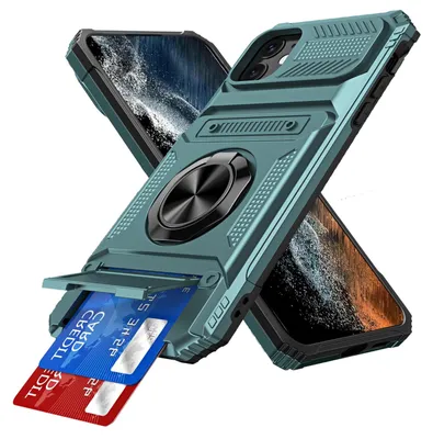 Produktbild von Dual Layer Hülle für iPhone 11 mit Kartenhalter, Magnetische Ring Ständer Militärschutz Stoßfeste Handyhülle Grün