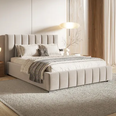 Produktbild von MOTIVENA Vigo Polsterbett 200x200 mit Bettkasten, Metall Lattenrost, Bett 200x200 Beige Samt (Jasmine 21)