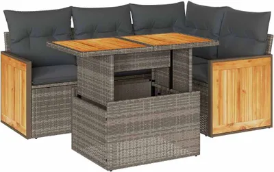 Produktbild von Gartenmöbel-Set modular, 5-teilige Sofagarnitur mit Stauraum und Kissen, Grau, PE-Rattan, pulverbeschichteter Stahl, Akazienholz, UV-beständig