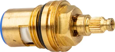 A close-up studio shot of a brass valve cartridge with a blue cap and black O-rings.