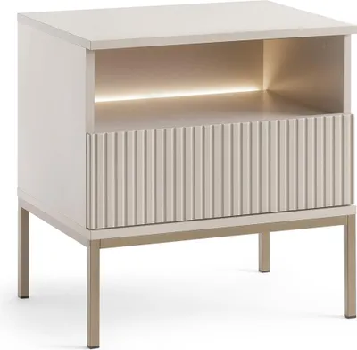 Obrázek produktu pro BETTSO SENTINO kašmírový noční stolek - Moderní noční stolek s LED osvětlením, žebrovaným čelem a kovovým rámem ve zlaté barvě