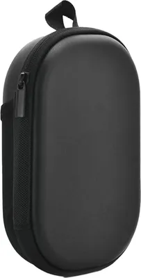 A black headphone case is shown against a white background.