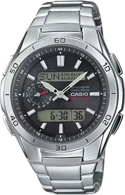A close-up studio shot of a Casio men's watch with a metal band and a dark dial.