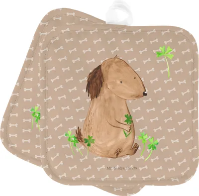 Produktbild von Mr. & Mrs. Panda Topfuntersetzer Hund Kleeblatt - Hundeglück - Geschenk, Topflappen Set, topfhalter, Topflappenset, Entspannt, Achtsamkeit, Viel Glück, Kochlappen